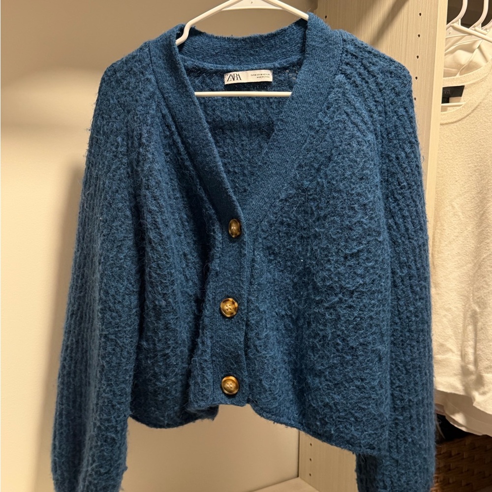 ZARA Teal Blue Chunky Knit Button-Front Women's Cardigan